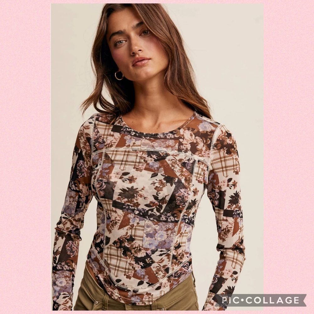 🌸Floral Print Mesh Fitted Long Sleeve Top🌸